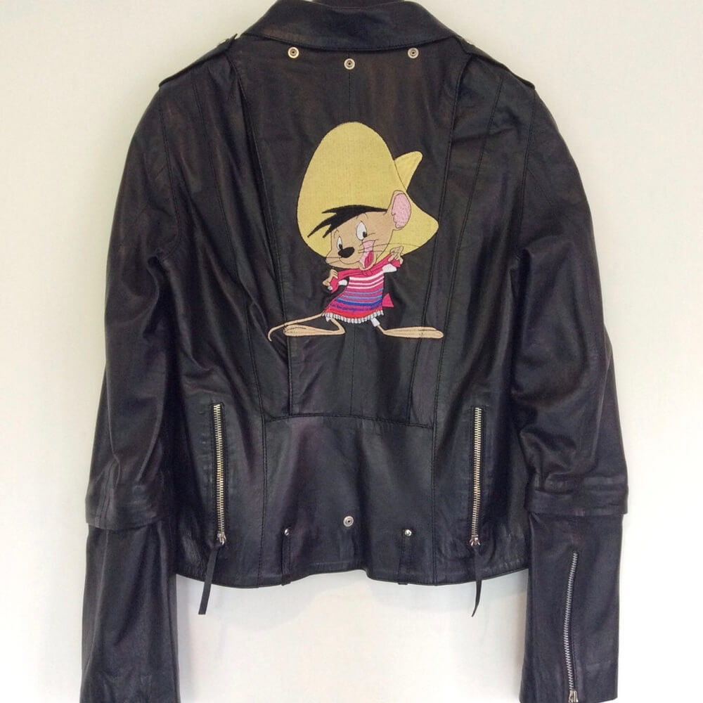 Speedy Gonzales Black Biker Cartoon Leather Jacket (2) Speedy Gonzales Black Biker Cartoon Leather Jacket