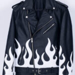 Vintage-Flames-Style-Petite-Belt-Black-Biker-Leather-Jacket
