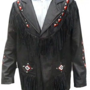 Vintage-Western-Style-Fringes-And-Beads-Black-Leather-Jacket