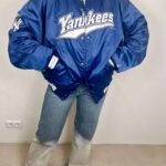 Blue New York Yankees Bomber Satin Jacket