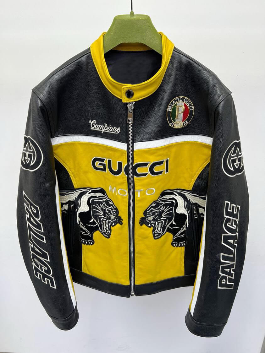 Guccy X Palace Black Yellow Vintage Racing Leather Jacket (1) Guccy X Palace Black Yellow Vintage Racing Leather Jacket