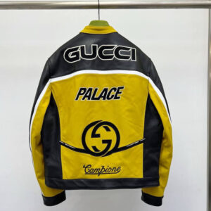 Guccy X Palace Black Yellow Vintage Racing Leather Jacket