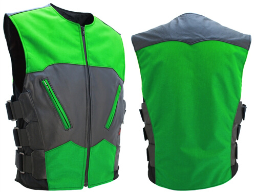 Men's-Black-Green-Leather-&-Textile-Vest-1 Men's-Black-Green-Leather-&-Textile-Vest