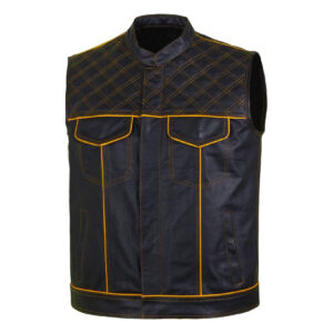 Men's-Black-Yellow-Quilted-Style-Leather-Vest