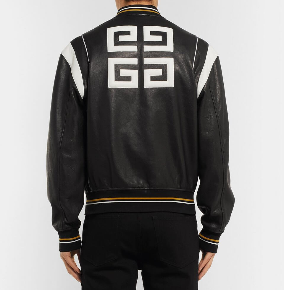 Givenchy Logo Appliqued Black Leather Bomber Jacket (1) Givenchy Logo Appliqued Black Leather Bomber Jacket