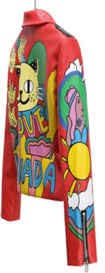 Cartoon Cat Print Red Biker Leather Jacket