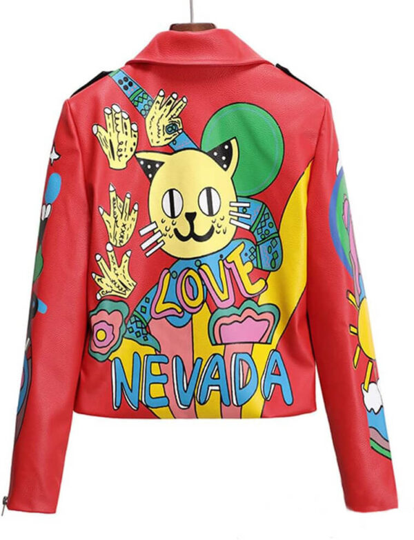 Cartoon Cat Print Red Biker Leather Jacket