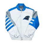 The NFL Carolina Panthers Jeff Hamilton Full Leather Jacket is white and blue with gray accents, blue and gray sleeve stripes, and features a black panther logo patch on the left chest inspired by the teams classic style.