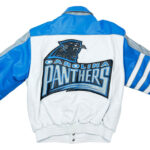 The NFL Carolina Panthers Jeff Hamilton Full Leather Jacket is a white and blue leather jacket with the team logo and name boldly on the back—ideal for fans wanting a vintage football style.