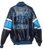 Show your team spirit in this Vintage NFL Carolina Panthers Football Team Leather Jacket—black with blue and white sleeve stripes and a bold CAROLINA PANTHERS logo on the back. Perfect for dedicated Panthers fans.
