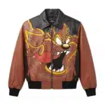 Front view of a brown and black leather bomber jacket featuring a large graphic of Looney Tunes Taz the Tasmanian Devil.