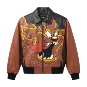 Front view of a brown and black leather bomber jacket featuring a large graphic of Looney Tunes Taz the Tasmanian Devil.