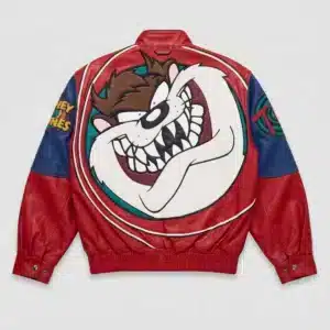 Red and blue leather jacket back view featuring a large graphic patch of Taz the Tasmanian Devil from Looney Tunes.