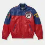 Red and blue leather Taz Tasmanian Devil jacket front view with Looney Tunes sleeve patches and chest emblem.