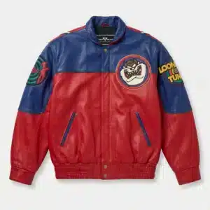 Red and blue leather Taz Tasmanian Devil jacket front view with Looney Tunes sleeve patches and chest emblem.