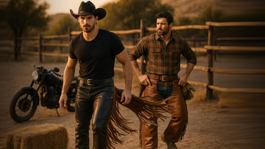 Two men in a rustic setting, one in black with a cowboy hat, the other in plaid and leather chaps.