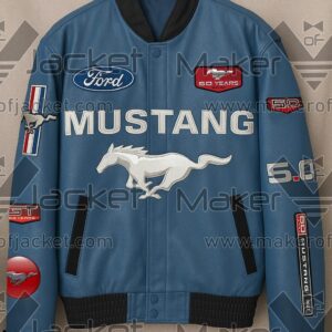 "Front of blue Ford Mustang leather jacket with embroidered logos: Mustang, Ford, 5.0, and 60 Years, featuring classic pony and muscle car emblems."