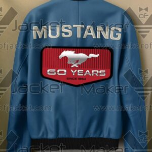 "Back of blue Mustang leather jacket with large embroidered Mustang text and red 60 Years patch featuring running pony logo and 'Since 1964' text."
