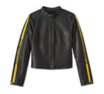 Harley Davidson black roce racer leather motorcycle jacket with yellow racing stripes, front zip closure, and snap-tab collar