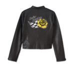 Back view of Harley Davidson women's black roce racer leather motorcycle jacket featuring yellow rose and checkered flag graphic