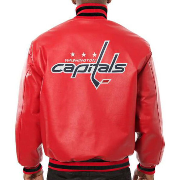 Back View of Washinton Capitals Leather jacket Applique Work eye Grahpic