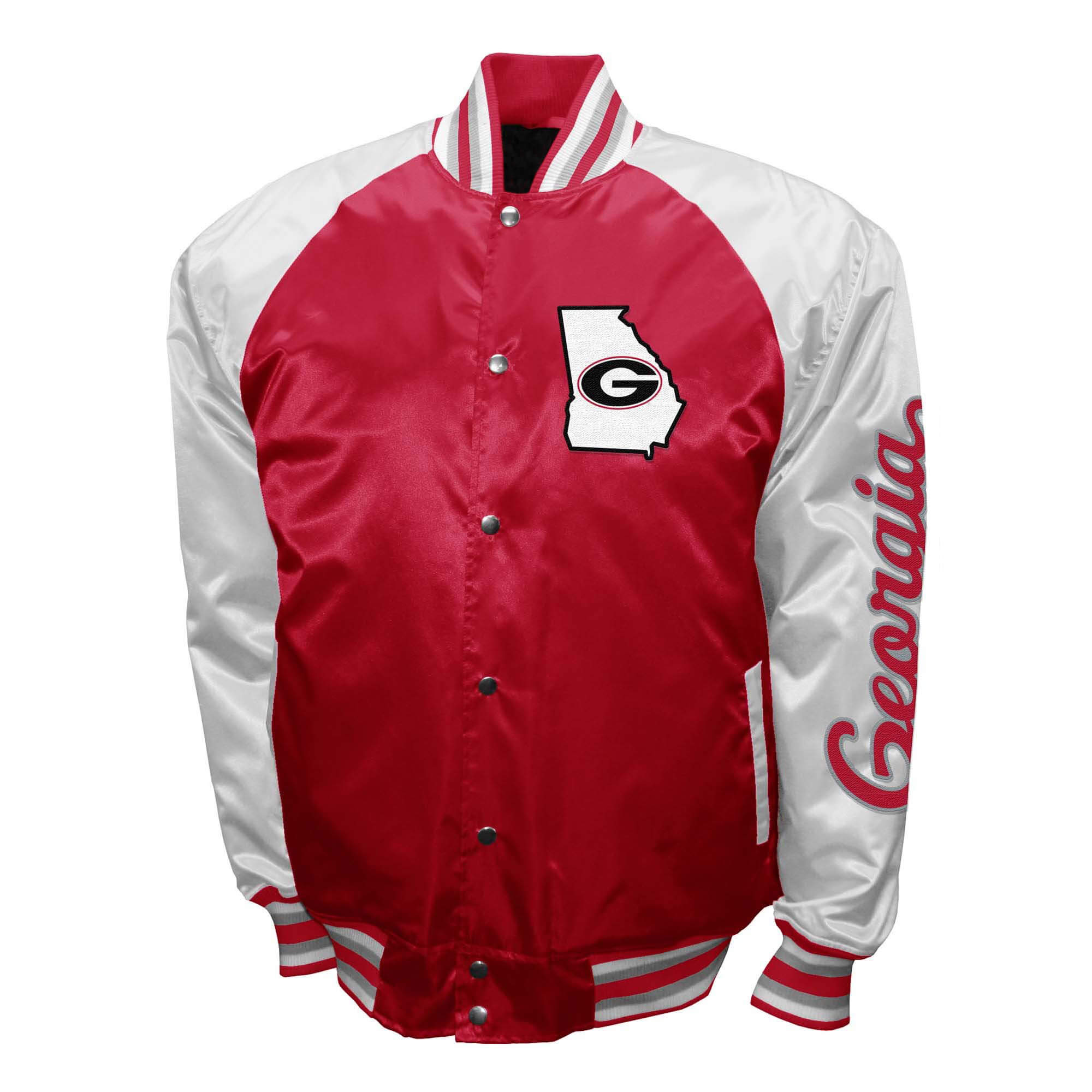 Red-Silver-NCAA-Georgia-Bulldogs-Full-Snap-Satin-Jacket-1 Front view of Georgia Bulldogs NCAA satin varsity jacket in Red and Silver with full-snap button closure, and striped cuffs and collar.