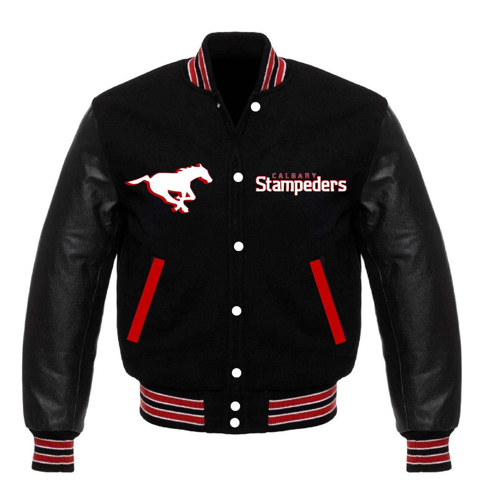 Black-CFL-Team-Calgary-Stampeders-Varsity-Jacket-1 Front View Of Calgary Stampeders Varsity Jacket Featuring Rib Knit Collar, Cuffs And Waistband.