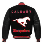 Back View Of Calgary Stampeders Varsity Jacket Applique Logos