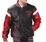 Front View Of Tampa Bay Buccaneers Leather Jacket Featuring Rib Knit Collar Zipper Closure And Logos