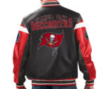 Back View Of Tampa Bay Buccaneers Leather Jacket Featuring Rib Knit Cuffs And Waistband Big Spell Logos eye graphics.