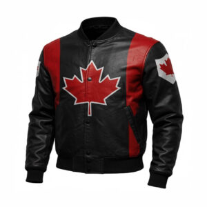 Front view of a stylish black and red Canadian flag leather bomber jacket featuring a large red maple leaf on the chest and a modern varsity design.