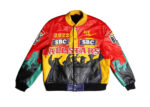front view of hbcu black colleges leather jacket featuring rib knit collar, cuffs, applique spelling.