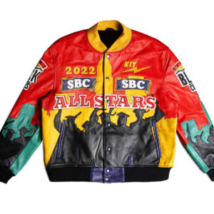 front view of hbcu black colleges leather jacket featuring rib knit collar, cuffs, applique spelling.