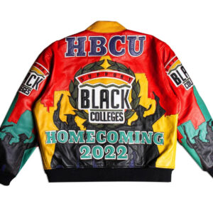 back view of hbcu black colleges leather jacket featuring leather applique spelling with logos rib knit hemline.
