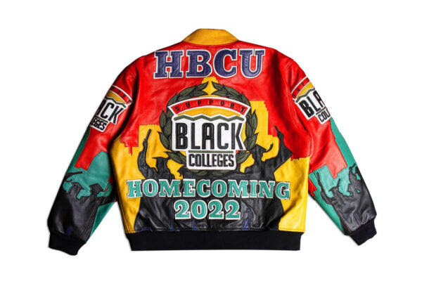 back view of hbcu black colleges leather jacket featuring leather applique spelling with logos rib knit hemline.