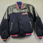 Front View Of Atlanta Braves Jacket Featuring Zipper Closure, Rib Knit Collar and cufs