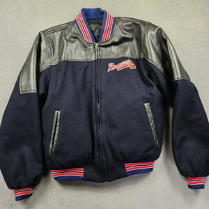 Front View Of Atlanta Braves Jacket Featuring Zipper Closure, Rib Knit Collar and cufs