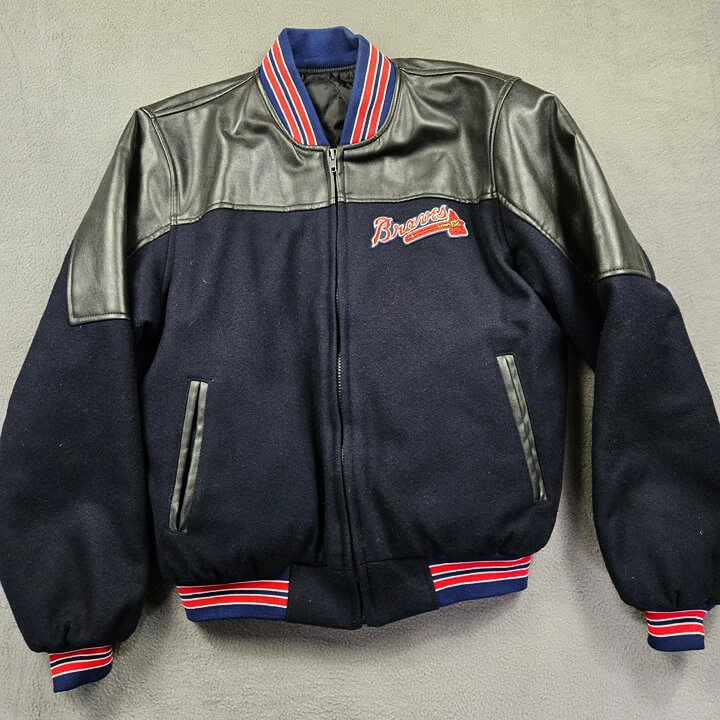 MLB-Atlanta-Braves-Full-Zip-Wool-Leather-Jacket-1 Front View Of Atlanta Braves Jacket Featuring Zipper Closure, Rib Knit Collar and cufs