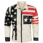 "Men's American Flag Tricolor Leather Jacket front view with red, white, and black patriotic design, leather outerwear with star and stripe details."