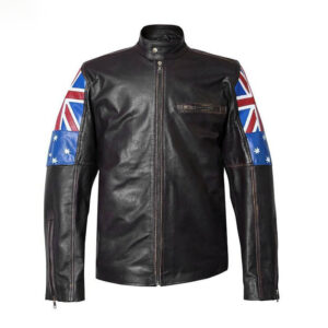 Front View of Australian Flag Jacket of featuring Snap collar zipper closure.
