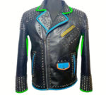 Front View Of Studded Leather Jacket Featuring Lapel collar, Zipper Cuffs