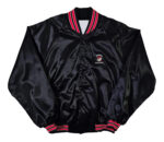 Front View Of Georgia Bulldogs Satin Jacket Featuring Chest Logos Snap Closure.