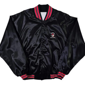 Front View Of Georgia Bulldogs Satin Jacket Featuring Chest Logos Snap Closure.