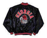 Back View Of Georgia Bulldogs Satin Jacket Featuring Rib Knit Collar, Cuffs, And , Waistband
