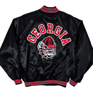 Back View Of Georgia Bulldogs Satin Jacket Featuring Rib Knit Collar, Cuffs, And , Waistband