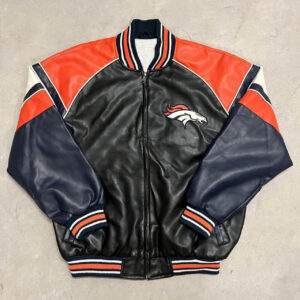 Front view of a vintage NFL Denver Broncos leather jacket with team logo on chest, featuring navy blue, orange, and white color block design with striped cuffs and collar.