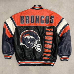 Back view of a vintage NFL Denver Broncos leather jacket showcasing large team helmet graphic, bold "BRONCOS" and "FOOTBALL" text, in navy blue, orange, and white color scheme with striped accents.