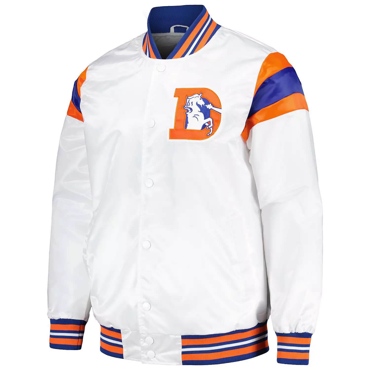 NFL-Denver-Broncos-White-Full-Snap-Satin-Jacket-1 Front View Of Denver Broncos Satin Jacket Featuring Embroidered Logo and rib knit collar, cuffs.