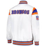 Back View Of Denver Broncos Satin Jacket Featuring Embroidery Arm and back big logo.