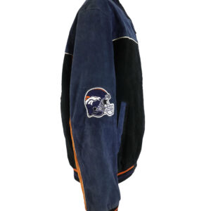 Right Side View Of Denver Broncos Suede Leather Jacket Right Sleeve Embroidery logo.